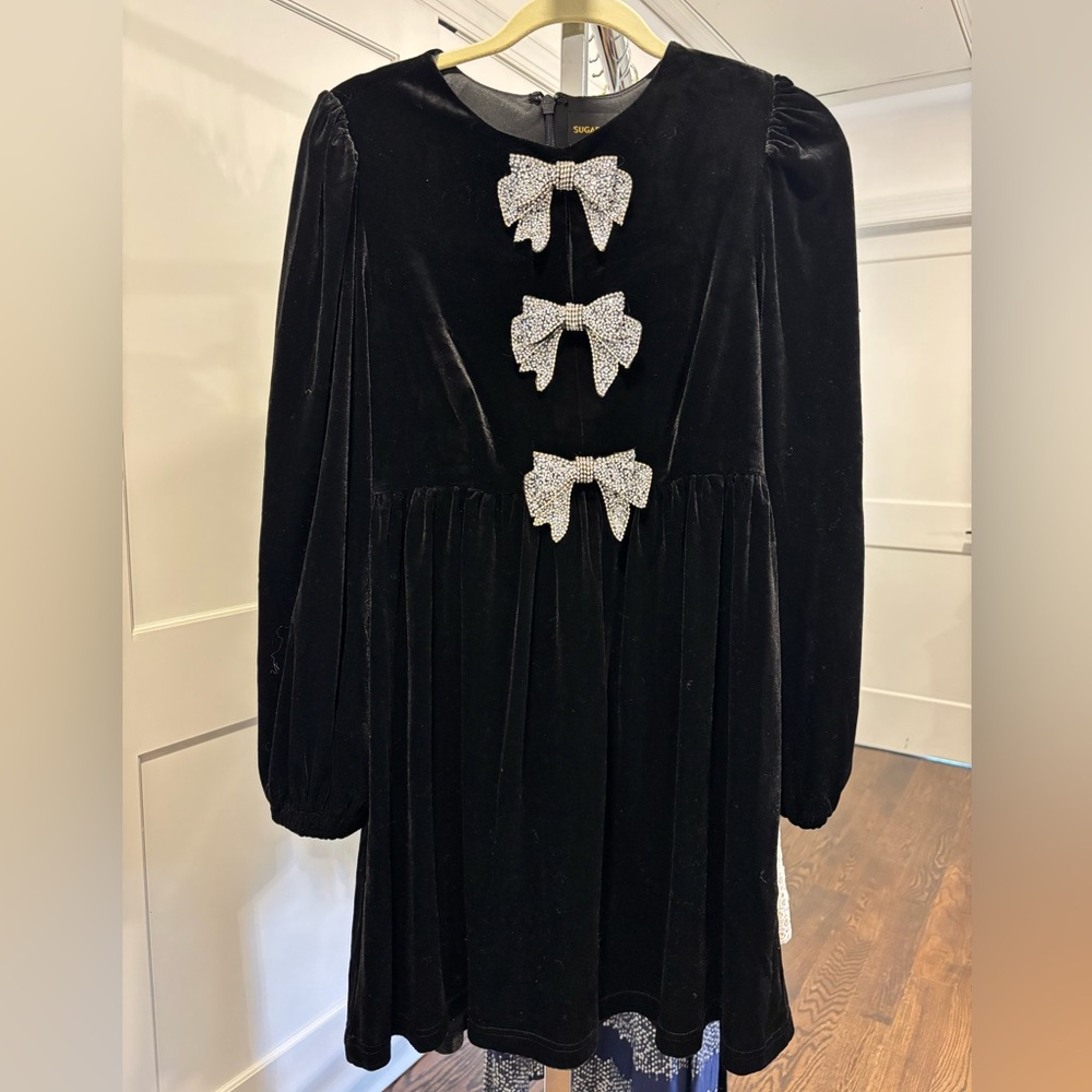 Sugarlips Black Velvet Dress with Rhinestone Bow Accents